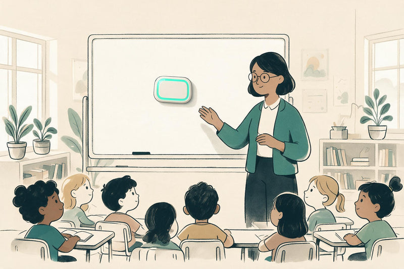 Illustration: a teacher's classroom with a Looptimer on the whiteboard, visible from the back row