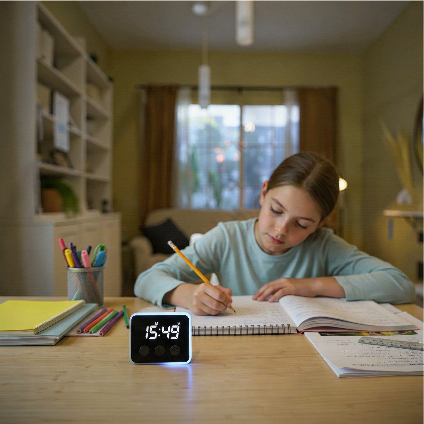 Child studying at a desk with a digital clock displaying the time.