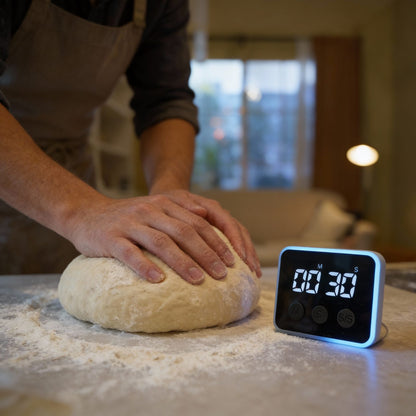Hands kneading bread dough on a floured counter with a Looptimer visual timer set to 30 seconds beside them