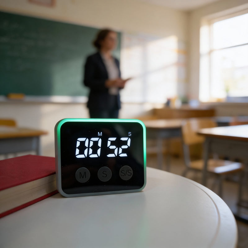 Looptimer visual timer in green leaning against a red book on a classroom desk with a teacher at the chalkboard behind