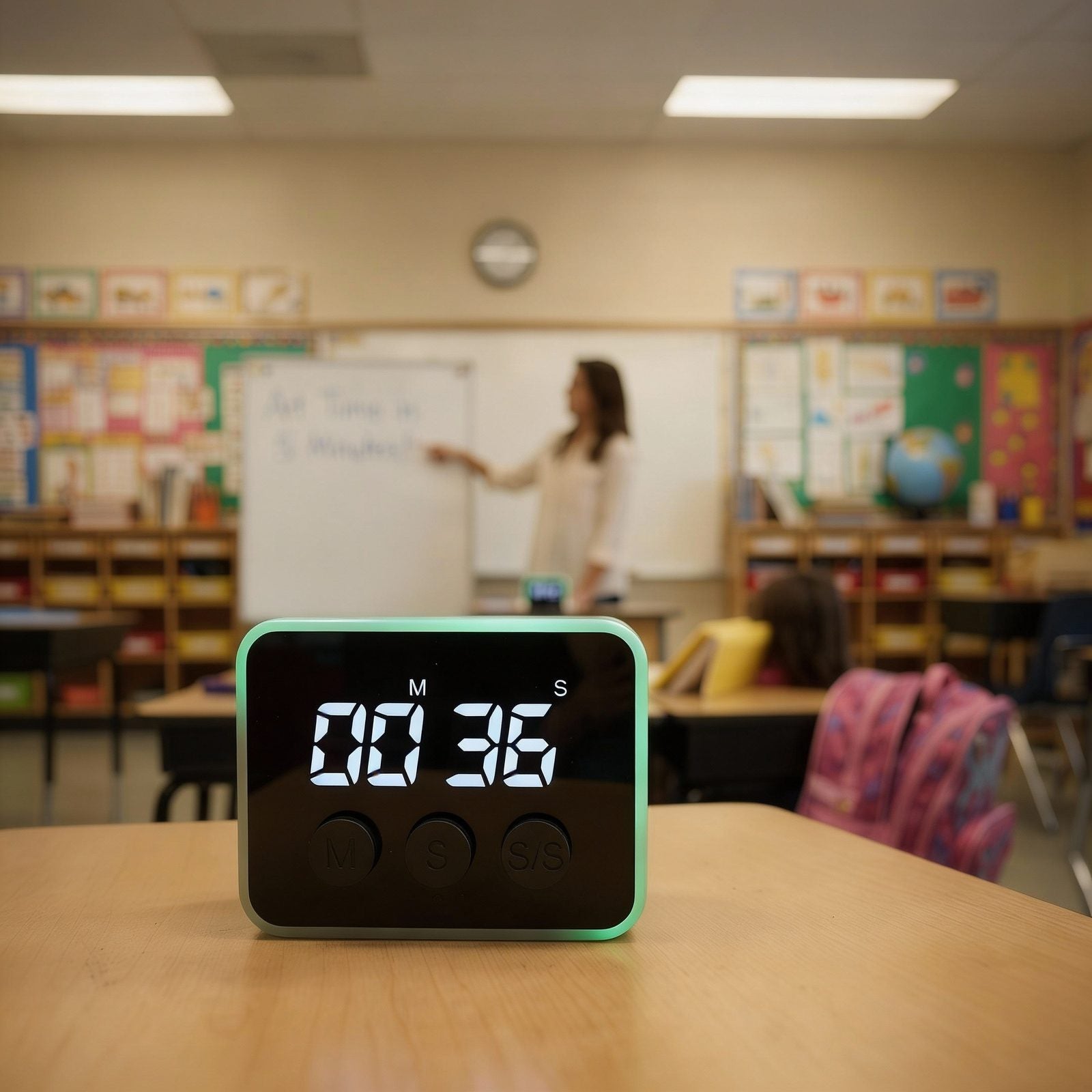 Digital timer on a desk in a classroom with a teacher at the whiteboard.