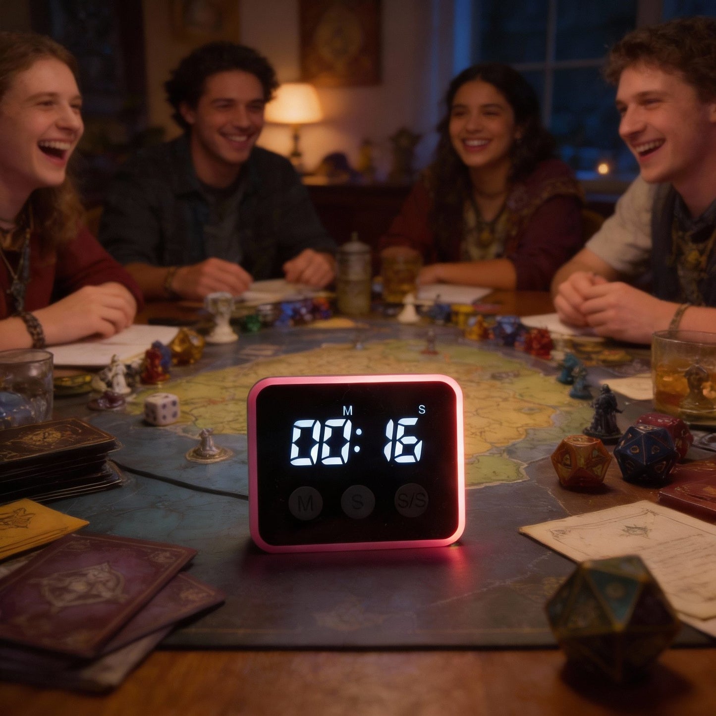 Looptimer visual timer with red LED light counting down 16 seconds on a tabletop game board with friends playing behind