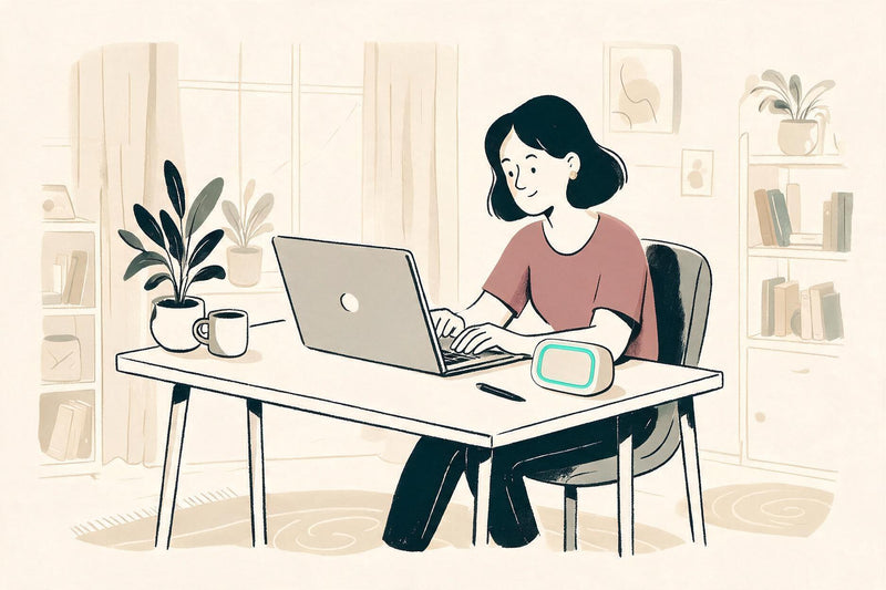 Illustration: an adult in a soft blush shirt working at a desk, a prominent Looptimer with glowing teal light band beside the laptop
