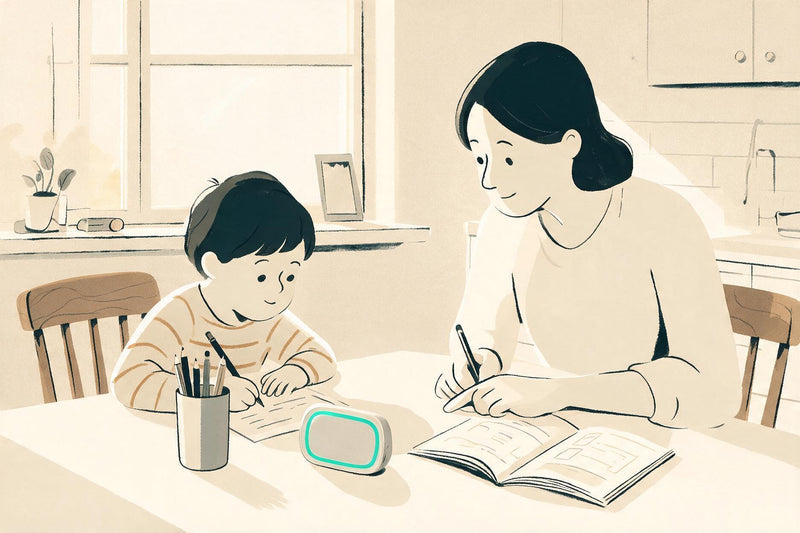 Illustration: a parent and child doing homework at a kitchen table with a single Looptimer on the table